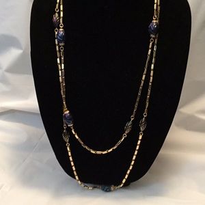 Gold Tone Blue/Pearl Bead Extra Long Necklace